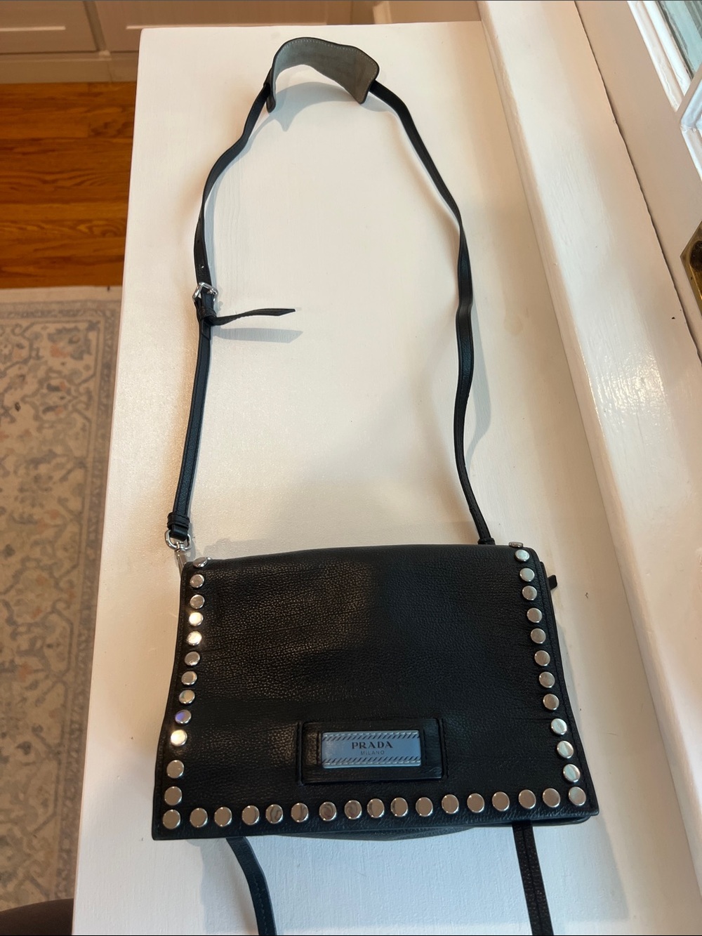 Prada Black Leather Studded Crossbody Shoulder Bag